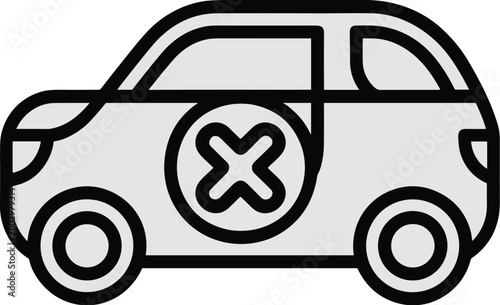 Abstract minimalistic black outline icon of a small compact car with a red cross symbol inside a circle on the side, signifying no entry, forbidden, prohibition, warning, restricted access, or unavail