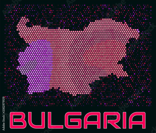 Bulgaria digital style hexagon map. Vibrant magenta purple pink neon dotted shape. Country tiny bright hexagon cells. Bulgaria honeycomb map design. Creative Vector Illustration.