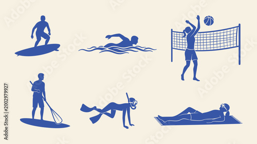 Vector illustration of blue beach activity silhouettes including surfing swimming volleyball and paddleboarding isolated on plain background