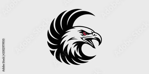 Aggressive Eagle Head Mascot Logo Design, Fierce Bird of Prey with Sharp Beak and Red Eye, Graphic Illustration for Sport Teams, Gaming Esports, and Brand Identity, Tribal Style and Modern Minimalist