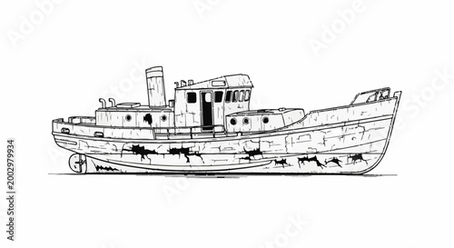 Stylized black and white sketch of a derelict tugboat