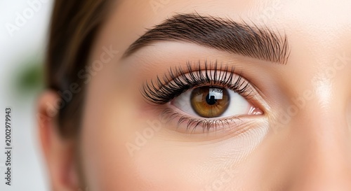 Close-up of a beautiful eye with long eyelashes and perfect eyebrows.