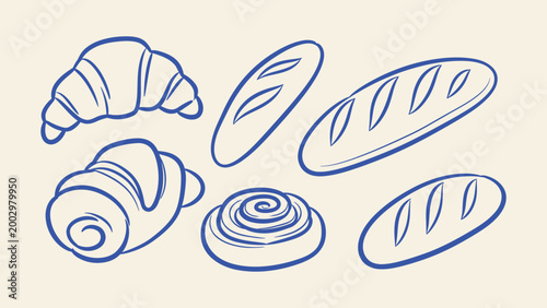 Blue line art illustration of bakery items including croissants baguettes and cinnamon roll isolated on cream background