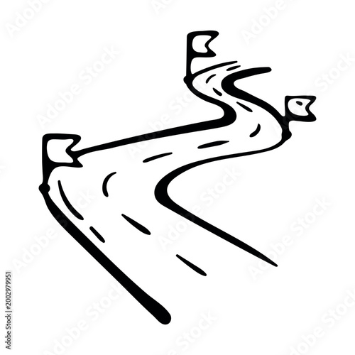 Roadmap icon for business strategy and project planning. Hand drawn doodle illustration of a winding road with flags marking important milestones.