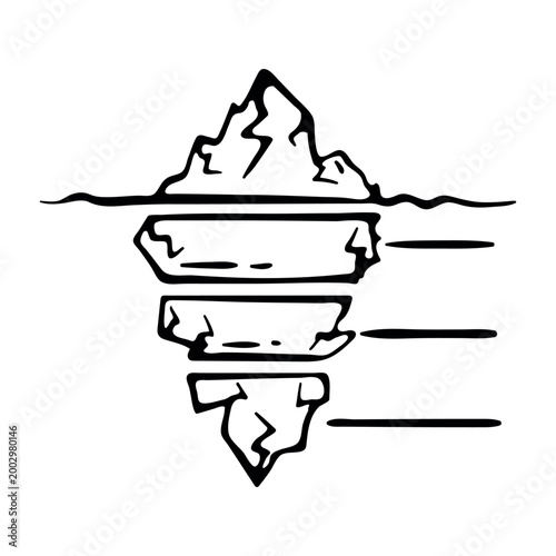Iceberg theory icon for business hidden risks. Hand drawn doodle illustration of ice mountain with underwater levels and deep structural sections.