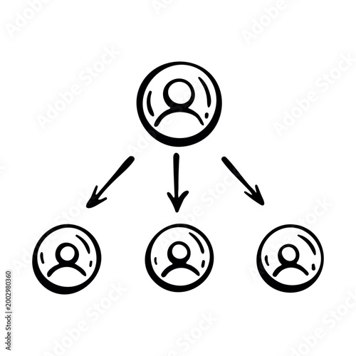 Delegation and leadership icon for business management. Hand drawn doodle illustration of mentor or boss directing tasks to team members with arrows.