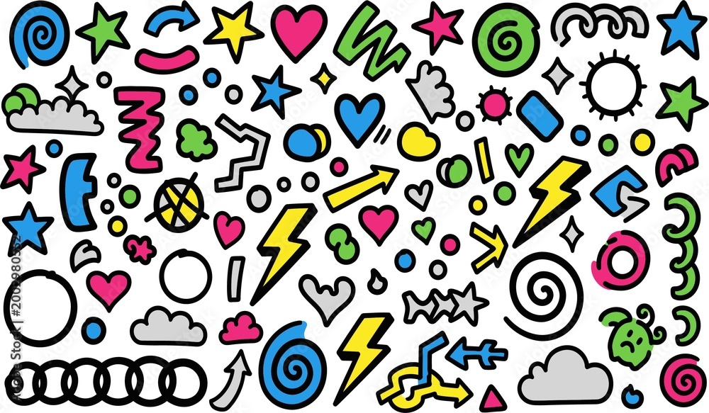 Fototapeta premium colorful doodle icons set with stars hearts and swirls vector illustration
