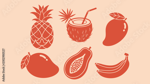 Tropical fruit vector illustration set with pineapple coconut mango papaya and banana isolated on peach background
