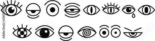 Stylized eye silhouette vector set featuring abstract designs, symbolic pupils, eyelashes, and expressive artistic variations