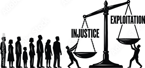 Social imbalance silhouette vector featuring injustice and exploitation on balance scale with human figures for conceptual design projects