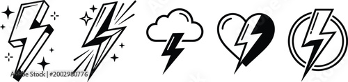 Stylized lightning bolt icons with sparkles, cloud, heart, and circular outline designs for energy, weather, and power projects
