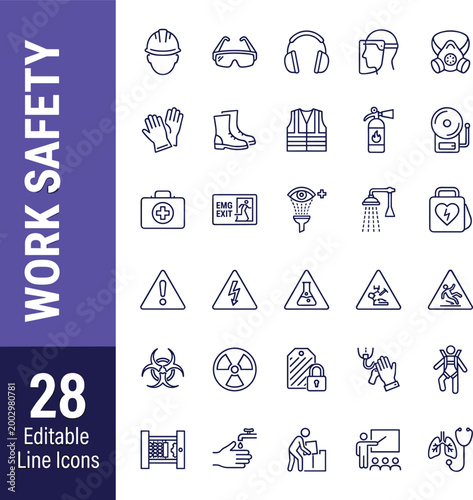 Comprehensive collection of 28 work safety and industrial health thin line icons for workplace hazard prevention