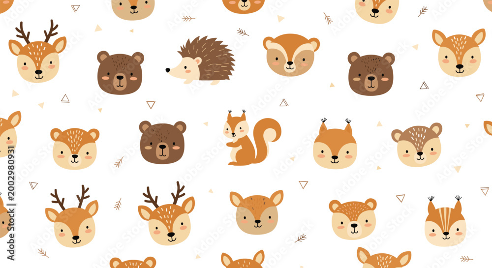 Obraz premium Sweet woodland animal pattern for children featuring deer, bears, squirrels, and hedgehogs with small natural decorative elements.