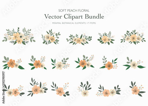 Soft Peach Floral Vector Clipart Bundle Minimal Botanical Elements 17 Items
