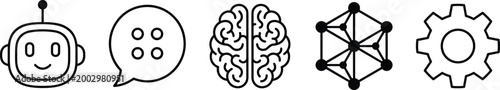 Artificial intelligence icons with robot head, speech bubble, brain, neural network, and gear symbol for modern technology design projects