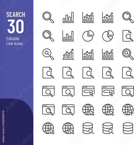 Collection of thirty search and data analysis line icons for web development, user interface, and research projects