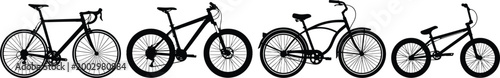 Bicycle silhouettes featuring road bike, mountain bike, cruiser, and BMX designs for cycling, sports, and lifestyle design projects