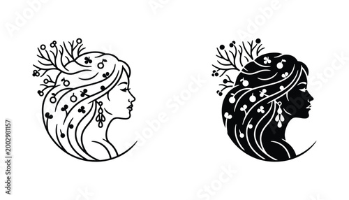 Elegant vector set of woman profile with decorative hair and floral elements in outline and silhouette styles for organic beauty and botanical branding