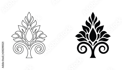 Decorative floral leaf ornament in minimalist botanical vector style isolated on white background for luxury pattern design and elegant print media elements