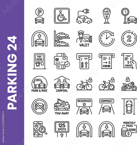 Set of parking and vehicle storage line icons featuring car park signs, payment methods, and transport infrastructure