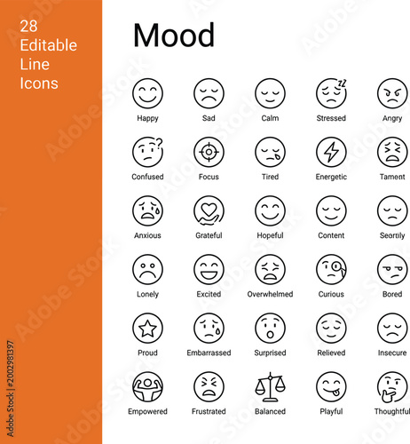 Comprehensive collection of mood and emotion line icons representing human feelings, states of mind, and expressions