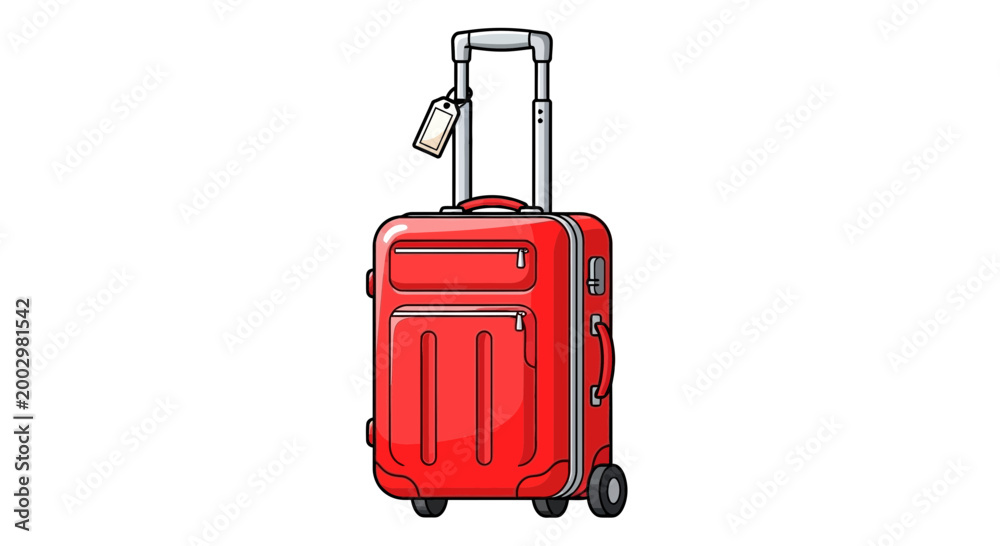 Naklejka premium Red Rolling Suitcase with Tag Isolated on White Background