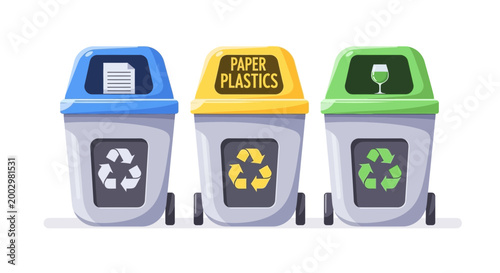 Recycling bins for paper, plastic, and glass waste management