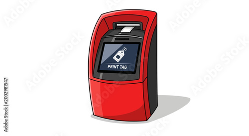 Red ticket printer machine with touchscreen and print tag icon