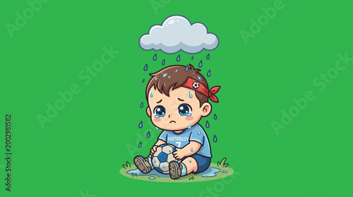 Sad Cartoon Boy Sitting in the Rain with a Soccer Ball.