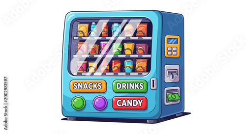 Retro vending machine with snacks, drinks, and candy.