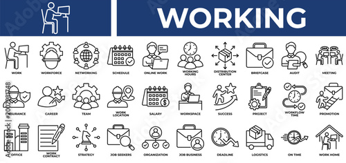 Working icon set collection. Containing organization, operation, logistics, networking, employment, planning, survey .Line vector icons collection
