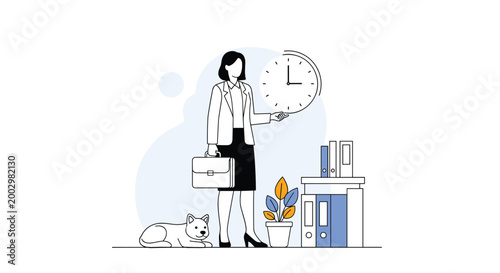 Professional woman with briefcase and large clock in office setting illustrating time management and work schedule.