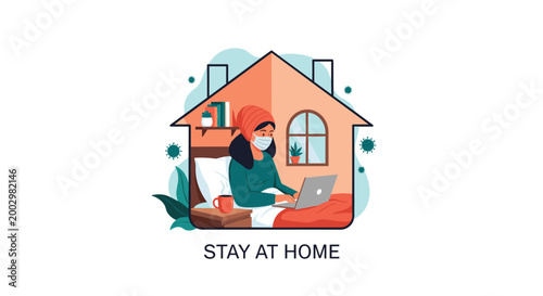 Young woman wearing face mask working on laptop in bed to encourage staying at home during health emergencies.