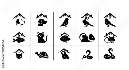 Variety of animals under roofs.