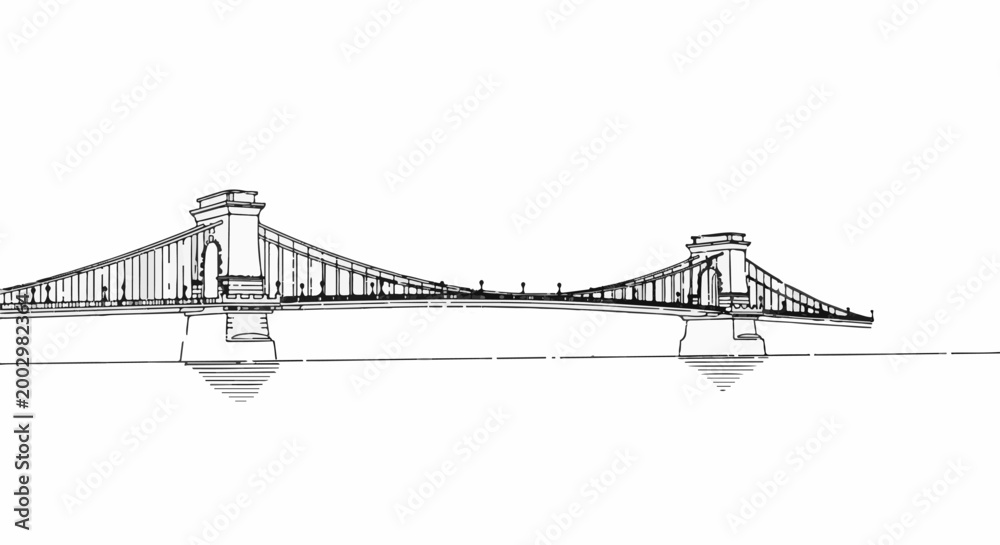Fototapeta premium Historic suspension bridge gracefully spans a body of water with reflections below