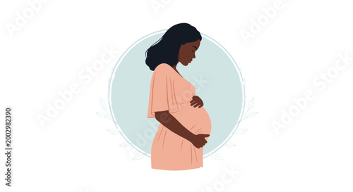Elegant silhouette of pregnant african american woman in peach dress against soft blue floral background for maternity concept.