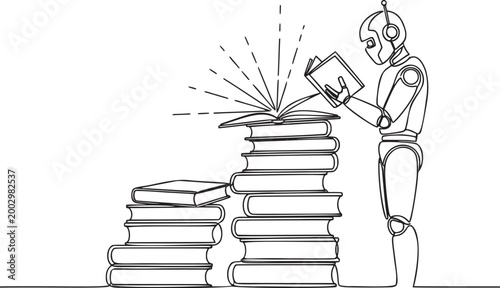 Robot Reading and Learning from Book Stack, Machine Learning Continuous Line Art