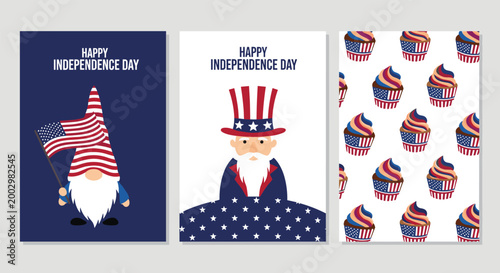 Set of happy independence day greeting cards featuring gnome with flag, uncle sam, and american flag cupcakes.