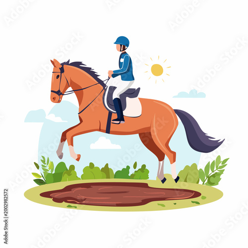 Equestrian Rider Jumping Horse Over Obstacle