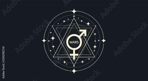Esoteric Mars planet symbol is displayed inside a complex sacred geometry frame with stars on a dark black background.