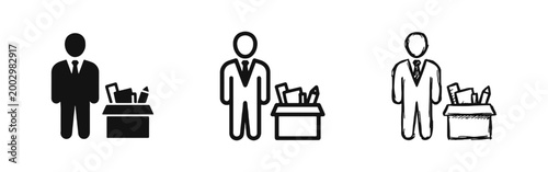 Businessman with Office Belongings Box Icon Set for Recruitment or Resignation