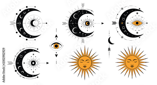 Set of mystical celestial elements includes golden suns with faces, crescent moons, and an all seeing eye for spiritual design.