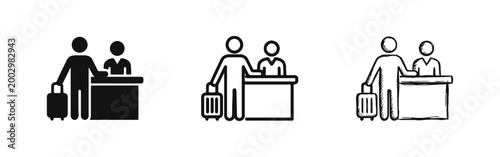 Hotel Check-in Reception Desk Icon Set with Staff Member and Traveler Guest