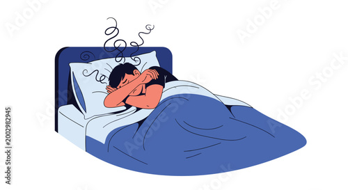 Stressed man lies in bed unable to sleep due to anxiety and racing thoughts represented by chaotic scribbles above his head.