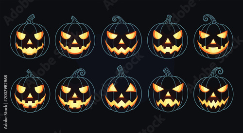 Set of different glowing jack o lantern faces on a dark background offers various spooky expressions for a traditional Halloween night.