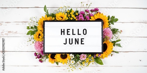 hello june sign on white wooden background