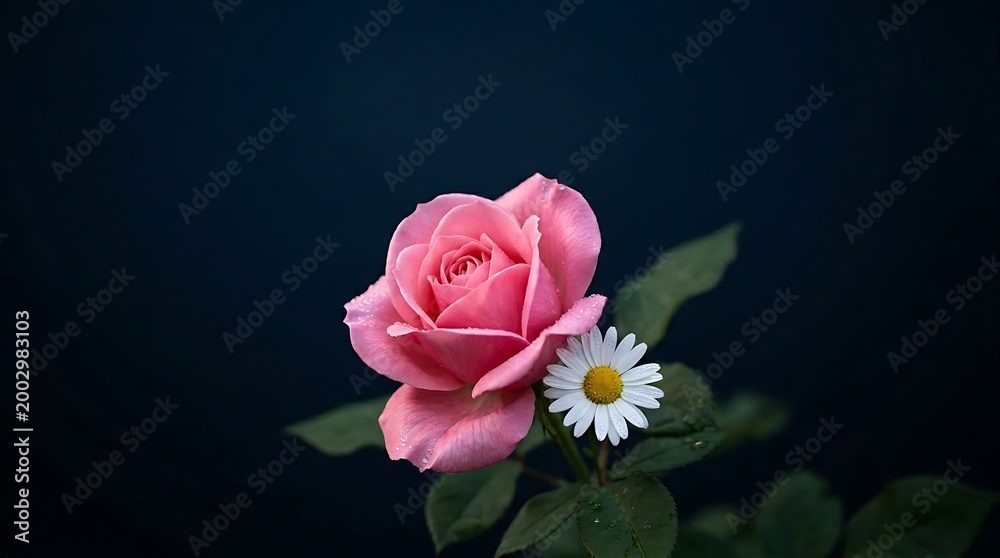 Fototapeta premium Elegant pink rose and white daisy on dark background, romantic floral bloom with green leaves, moody botanical still life for greeting cards