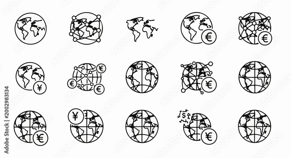 Fototapeta premium Global finance icons depicting world maps and currency symbols