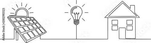 Solar Panel Collecting Sunlight Powering Lightbulb and House, Energy