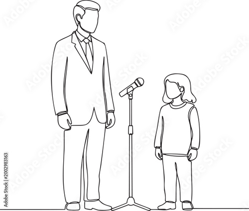 Tall and Short Figures Sharing Equal Height Microphone, Equal Voice